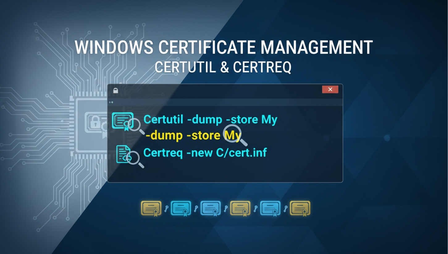 Title banner for exploring hidden switches of Certutil and Certreq, featuring command-line tools, security icons, and a magnifying glass highlighting command options