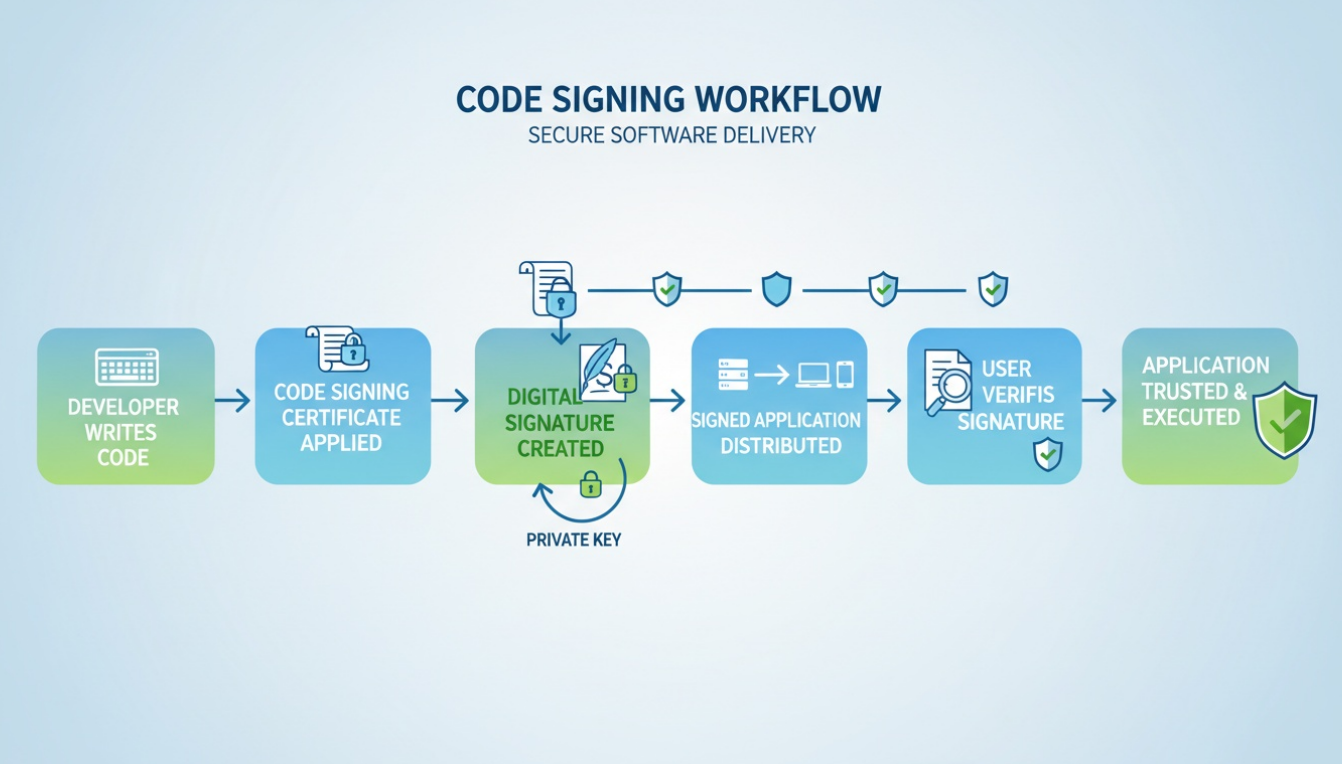 Diagram showing the code signing workflow from developer to signed application and user verification