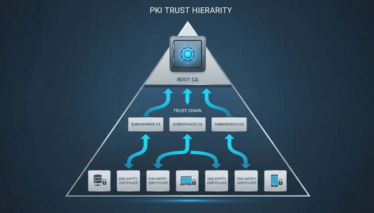 PKI trust hierarchy showing root CA, subordinate CAs, and end-entity certificates with trust chain validation
