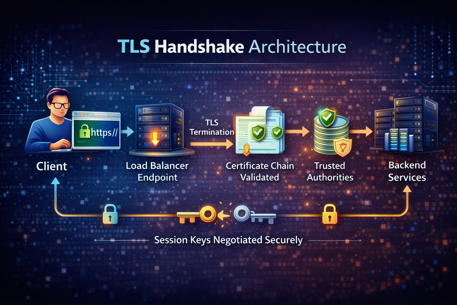 Architectural diagram of TLS handshake showing client connection, TLS termination, certificate validation, secure session keys, and encrypted backend traffic