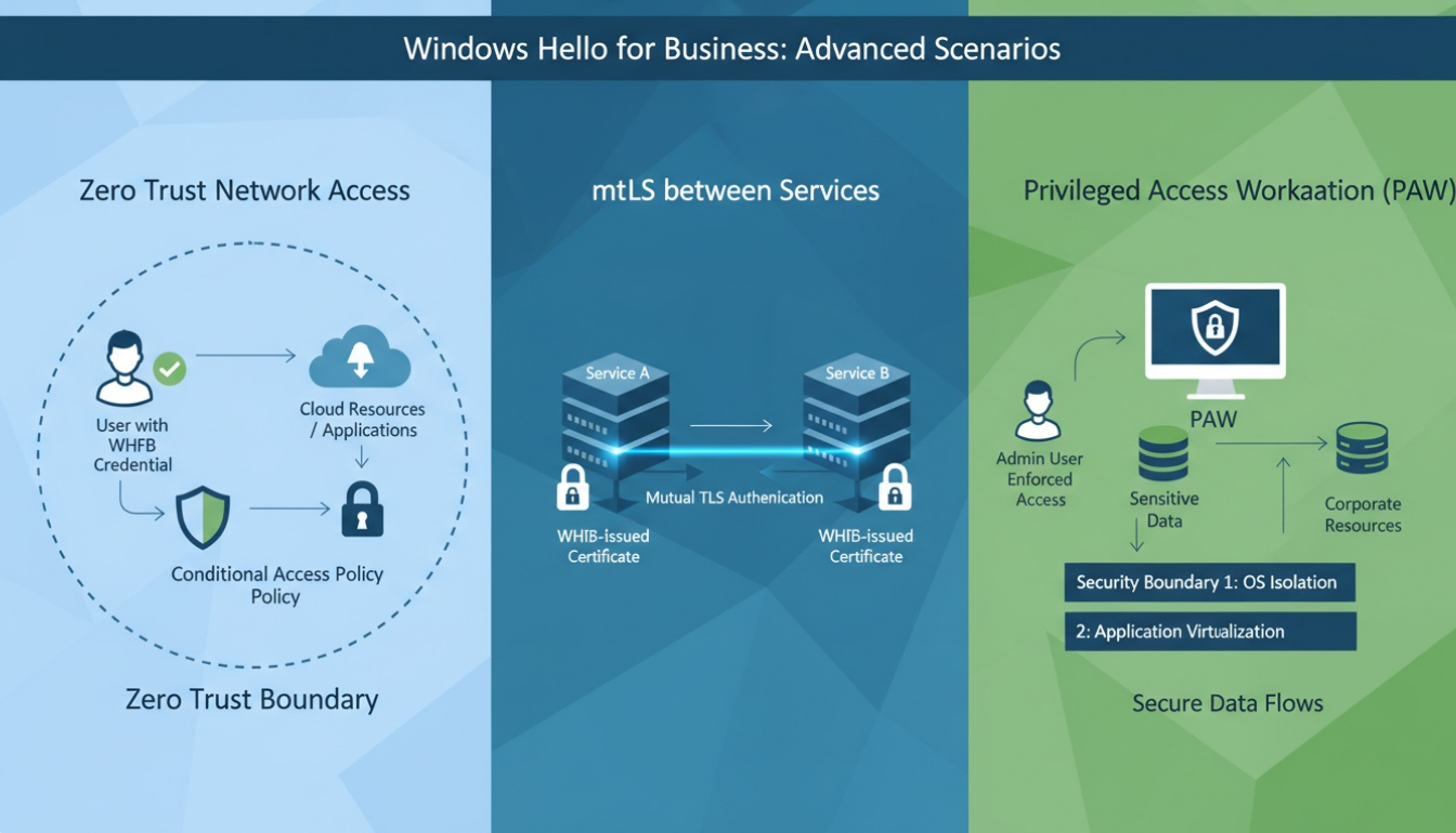 Advanced WHfB use cases including Zero Trust architecture, mTLS for microservices, and privileged access workstations