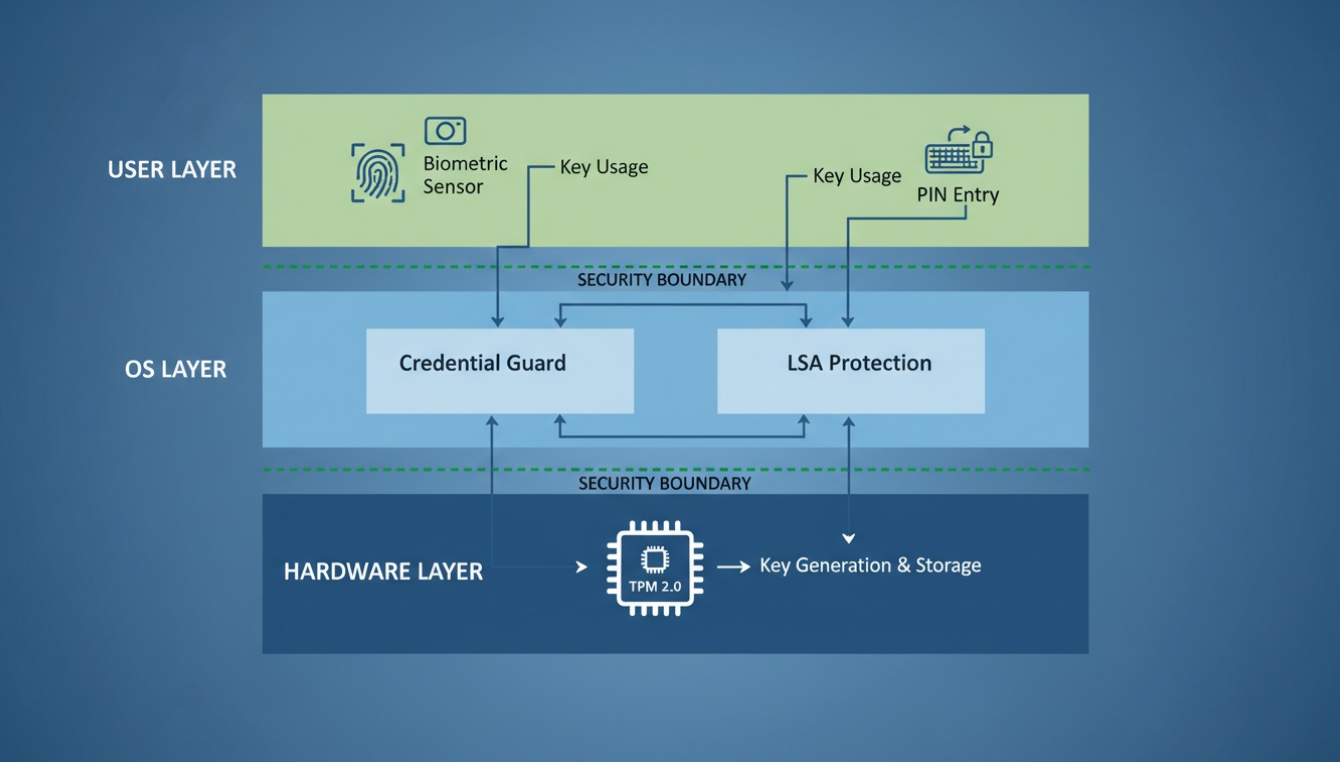 Technical architecture diagram showing TPM, credential guard, and cryptographic key hierarchy in Windows Hello for Business