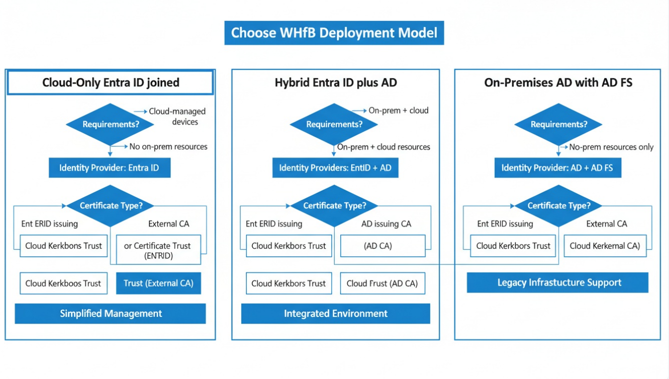 WHfB deployment decision tree showing cloud-only, hybrid, and on-premises architecture paths