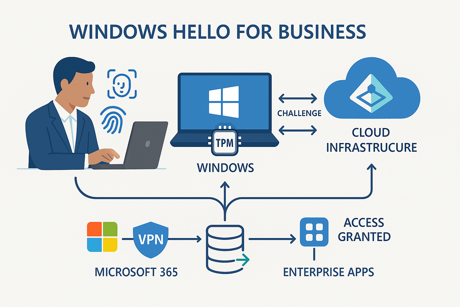 Windows Hello for Business end-to-end authentication workflow showing user gesture, TPM validation, and identity provider token issuance