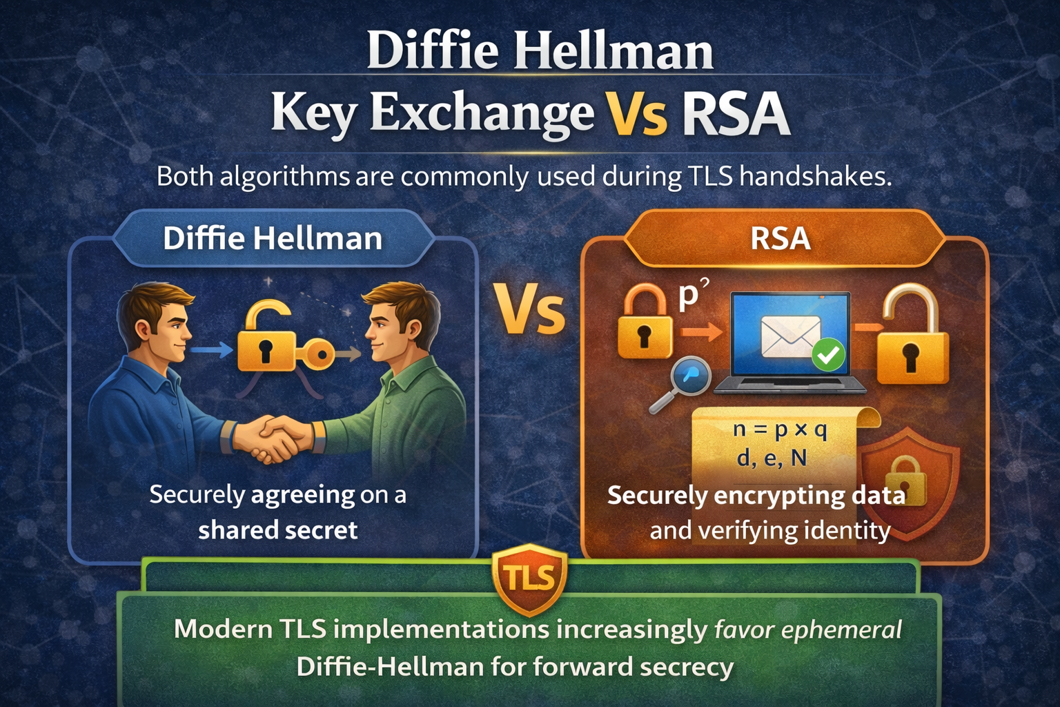 Workflow diagram comparing Diffie-Hellman and RSA in TLS handshakes