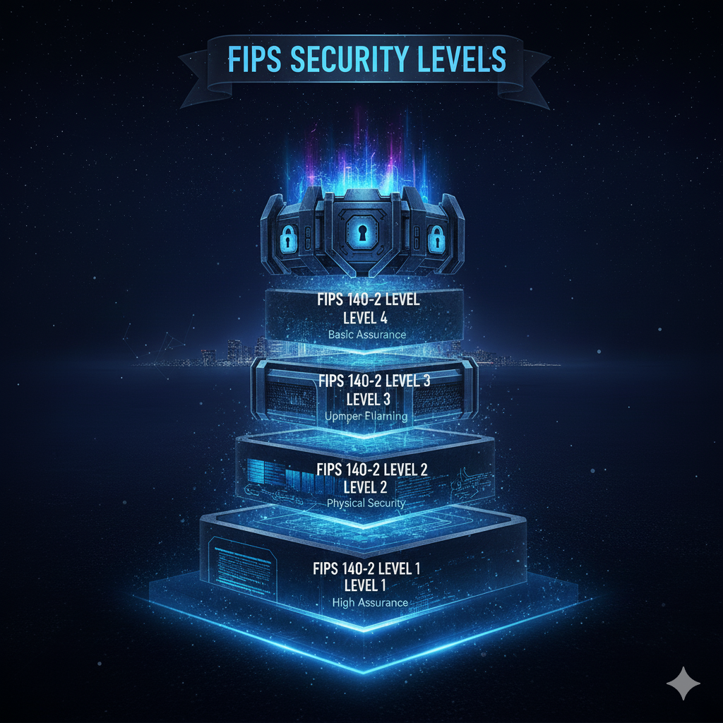 FIPS 140-2 four security levels pyramid showing progression from basic Level 1 to advanced Level 4 requirements