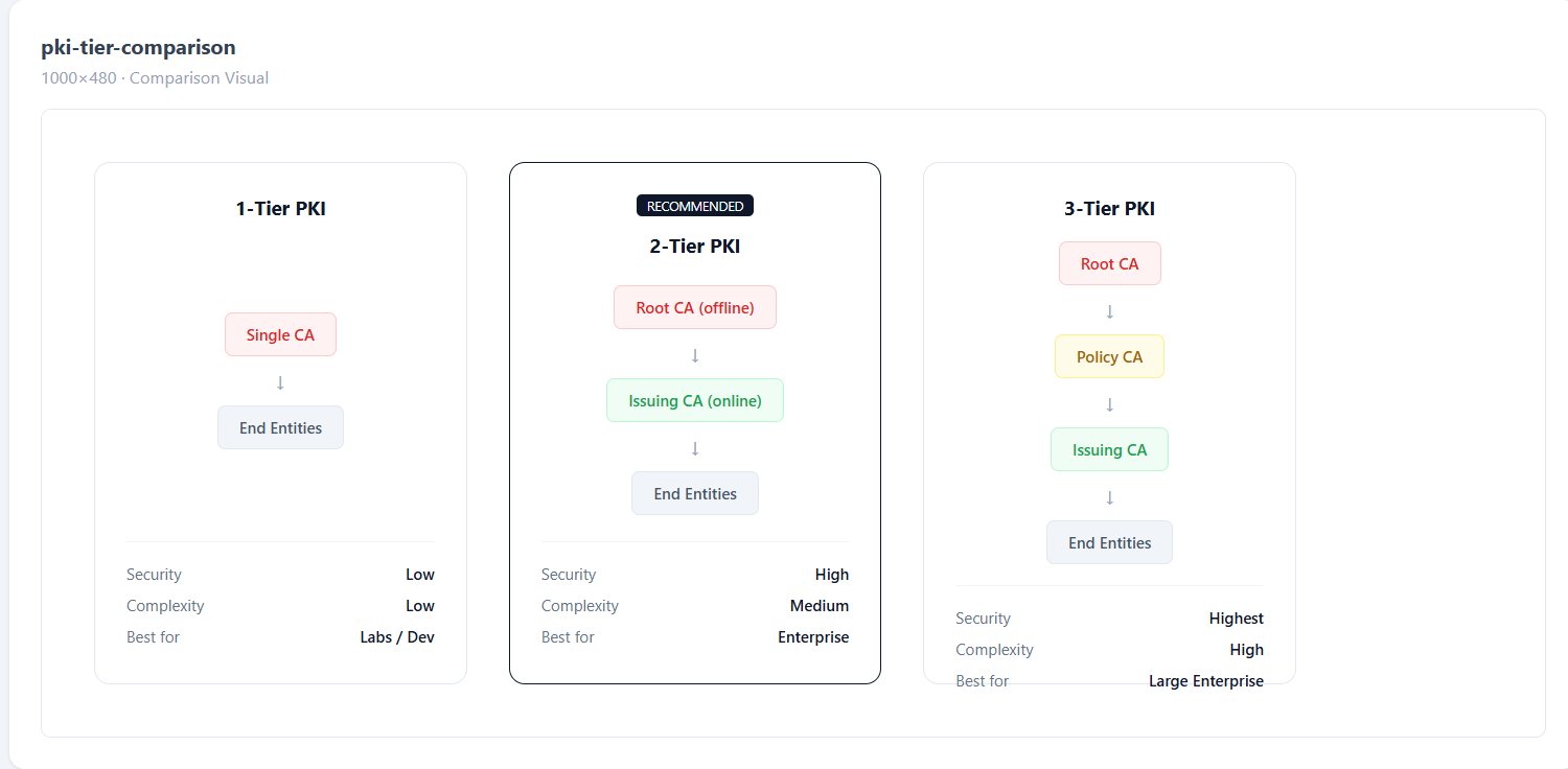 PKI Tier Comparison — 1-Tier vs 2-Tier vs 3-Tier