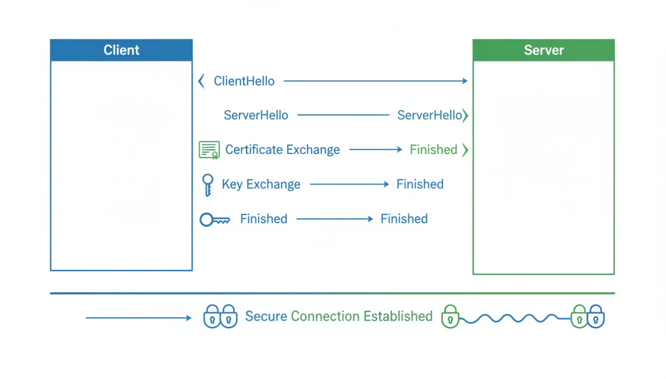 TLS handshake workflow showing secure key exchange between client and server