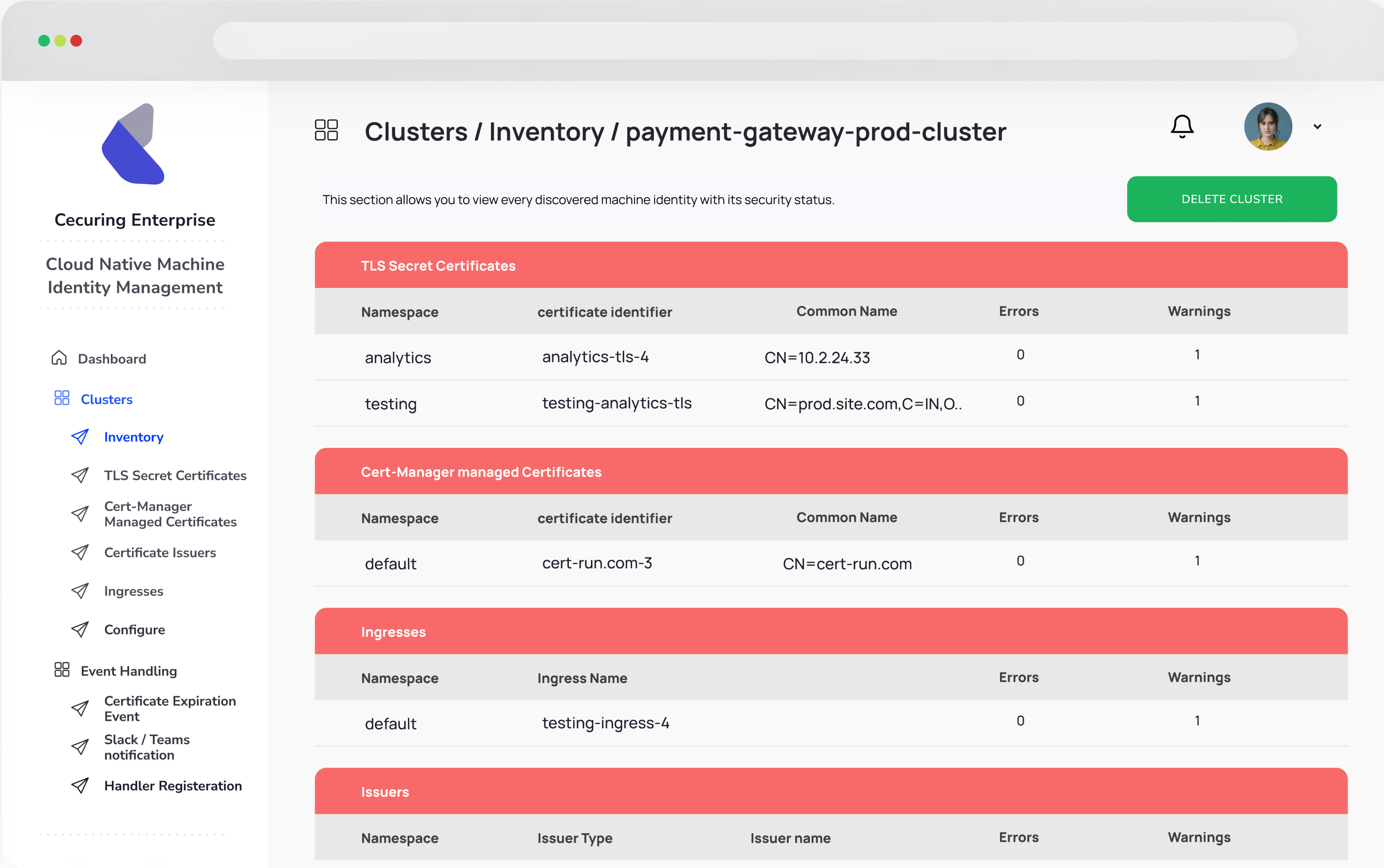 Cloud-native machine identity dashboard showing Kubernetes workload identity lifecycle and policy enforcement.