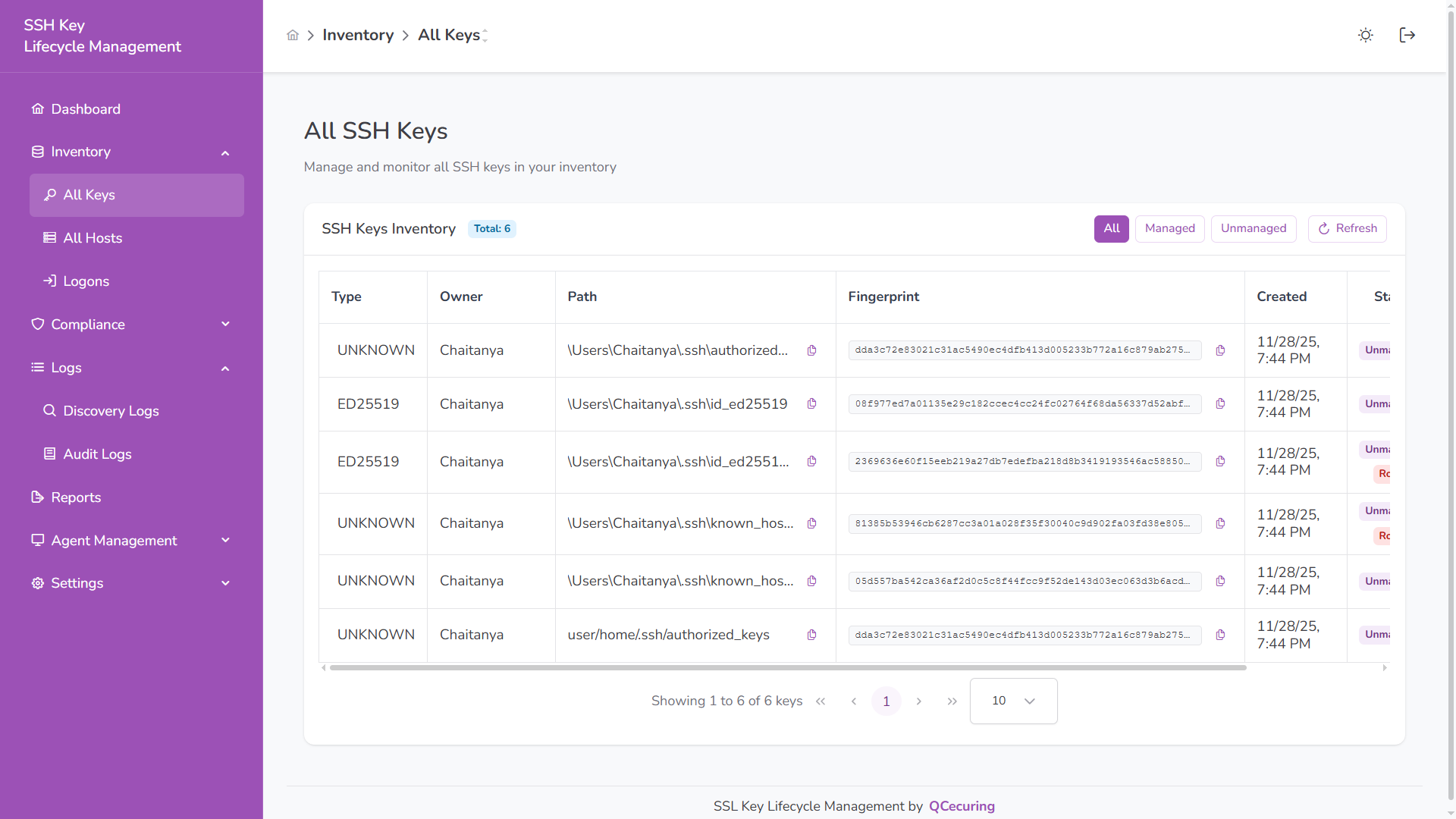 SSH key governance platform showing discovery, ownership tracking, and lifecycle controls.